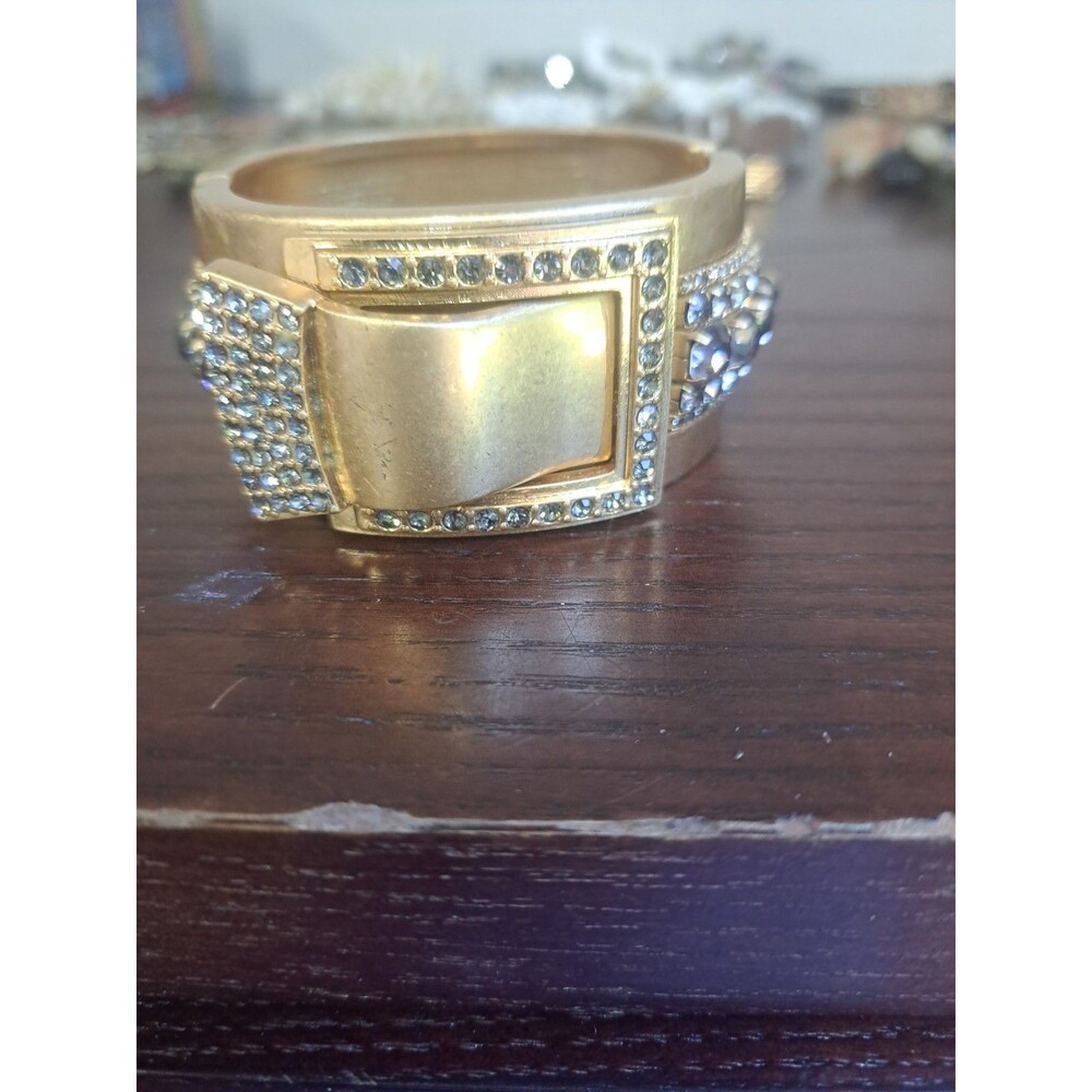 Crystal Bracelet, Belt Buckle Style, Wide Matte Gold Tone Hinged Cuff
